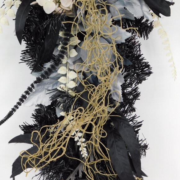 Ashland Halloween Teardrop Swag Wreath Haunted Home Gold Skull Black Gray Roses - Picture 3 of 10